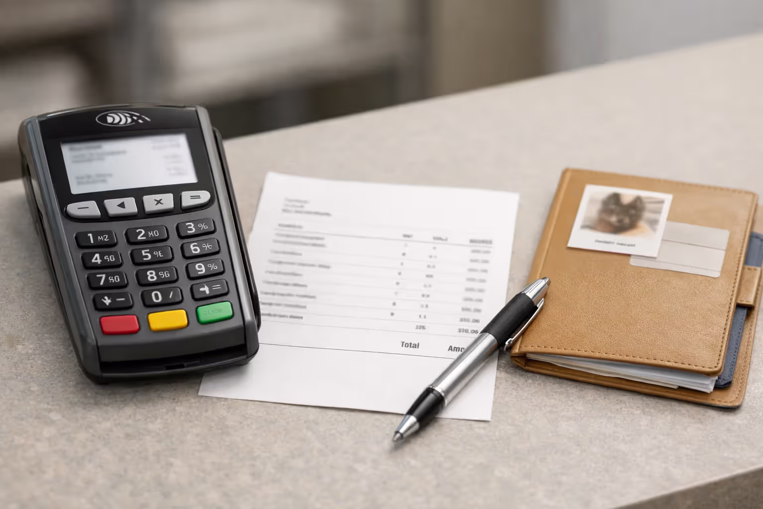 Card payment terminal next to a blurred itemized veterinary invoice and paperwork