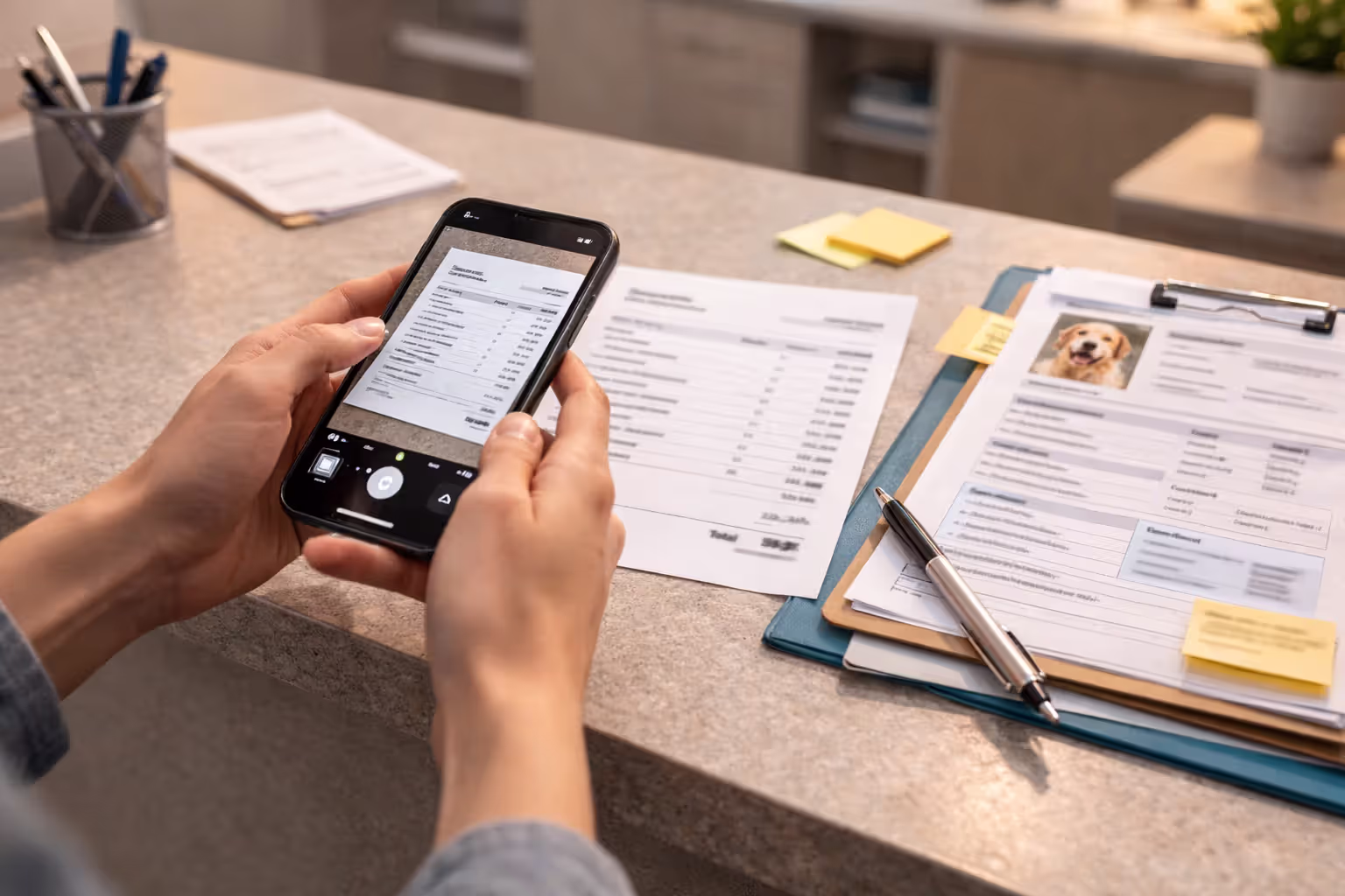 Hands photographing a blurred itemized vet bill with a phone next to pet medical records