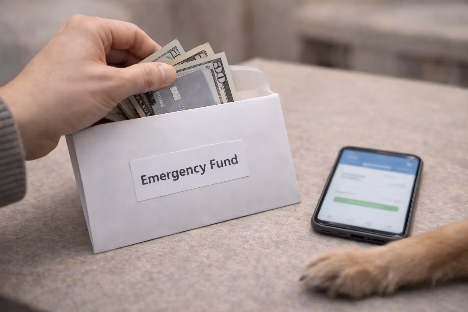 Hand putting money into an “Emergency Fund” envelope next to a phone with a blurred banking app