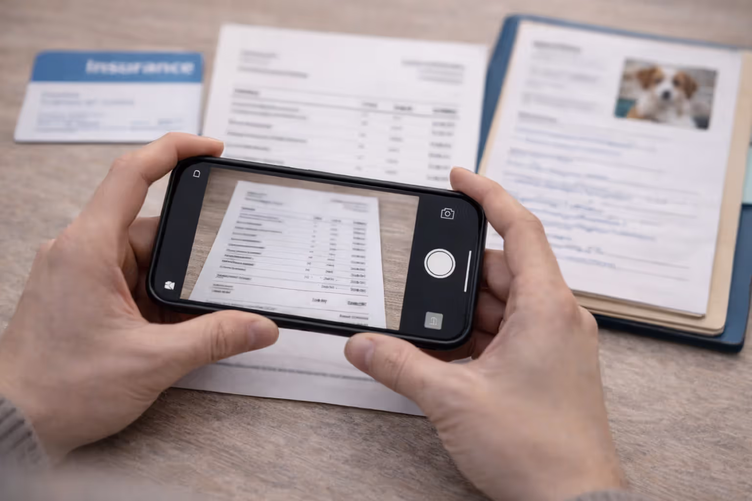 Taking a photo of a blurred veterinary invoice to submit an insurance claim