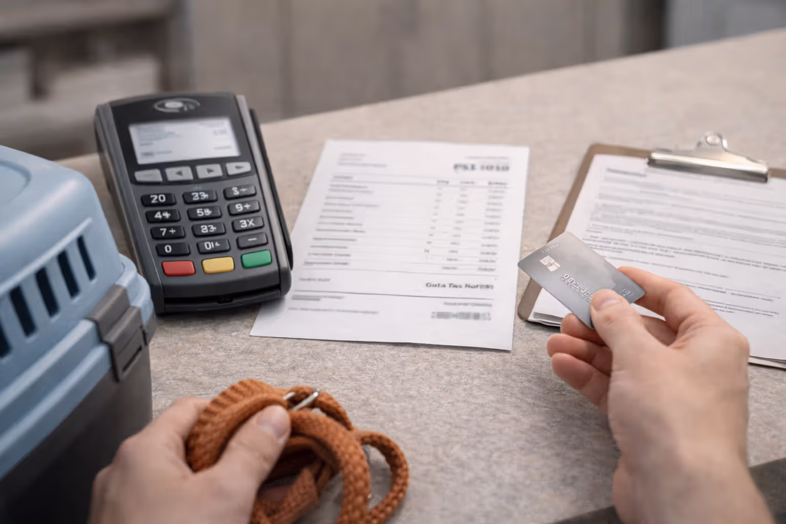 Pet owner at a vet clinic checkout holding a card with a blurred high-cost invoice on the counter