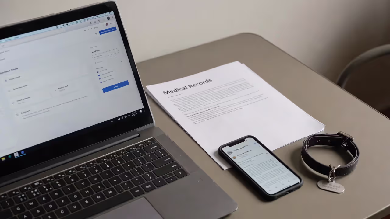 Home desk with a blurred online insurance application and veterinary medical records paperwork