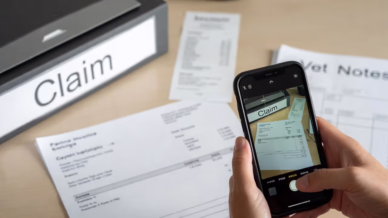 Taking a photo of a blurred itemized vet invoice with claim documents on a desk