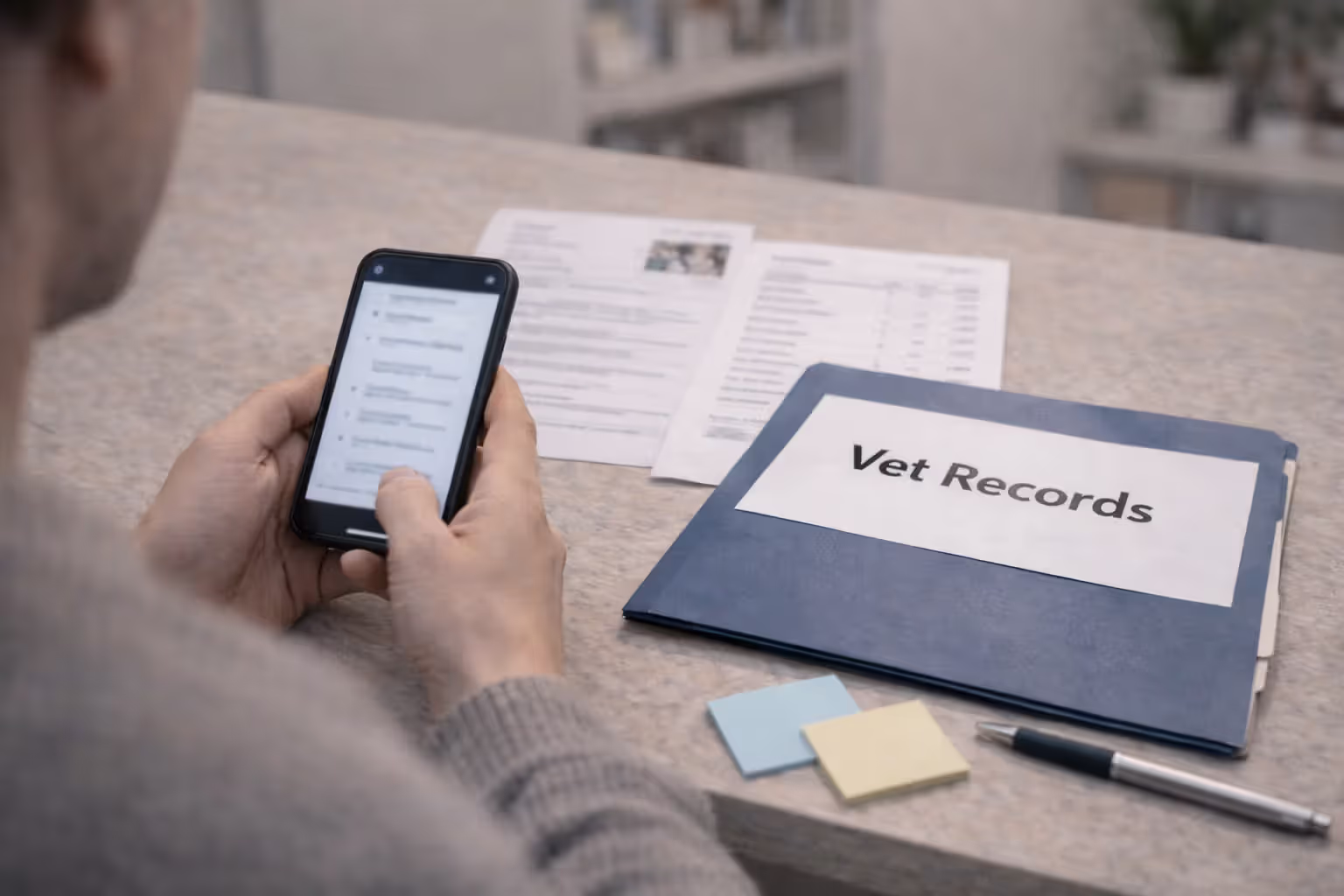 Reviewing a blurred checklist and veterinary records before starting a pet insurance application