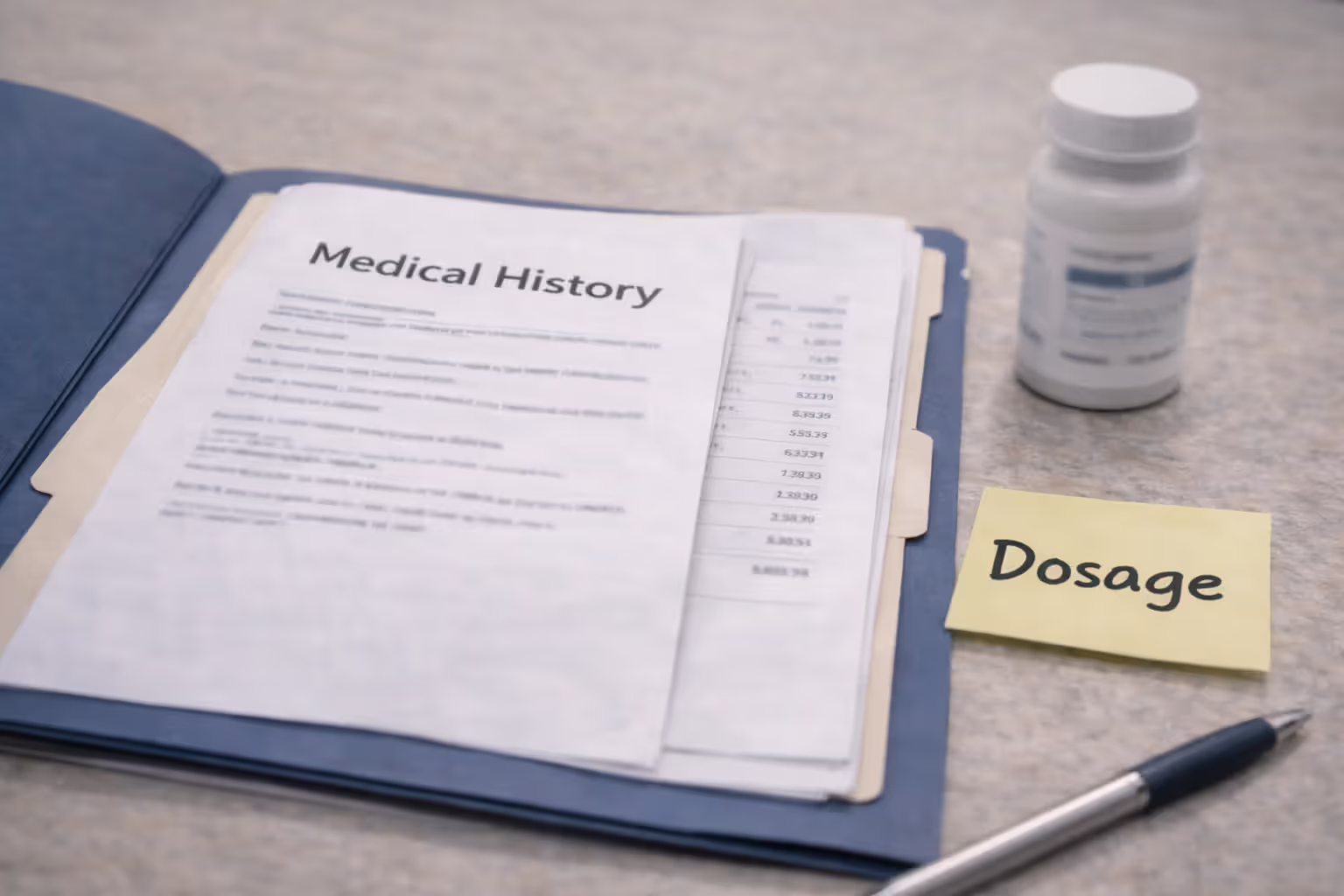 Pet medical history folder with blurred vet notes and a medication bottle on a desk
