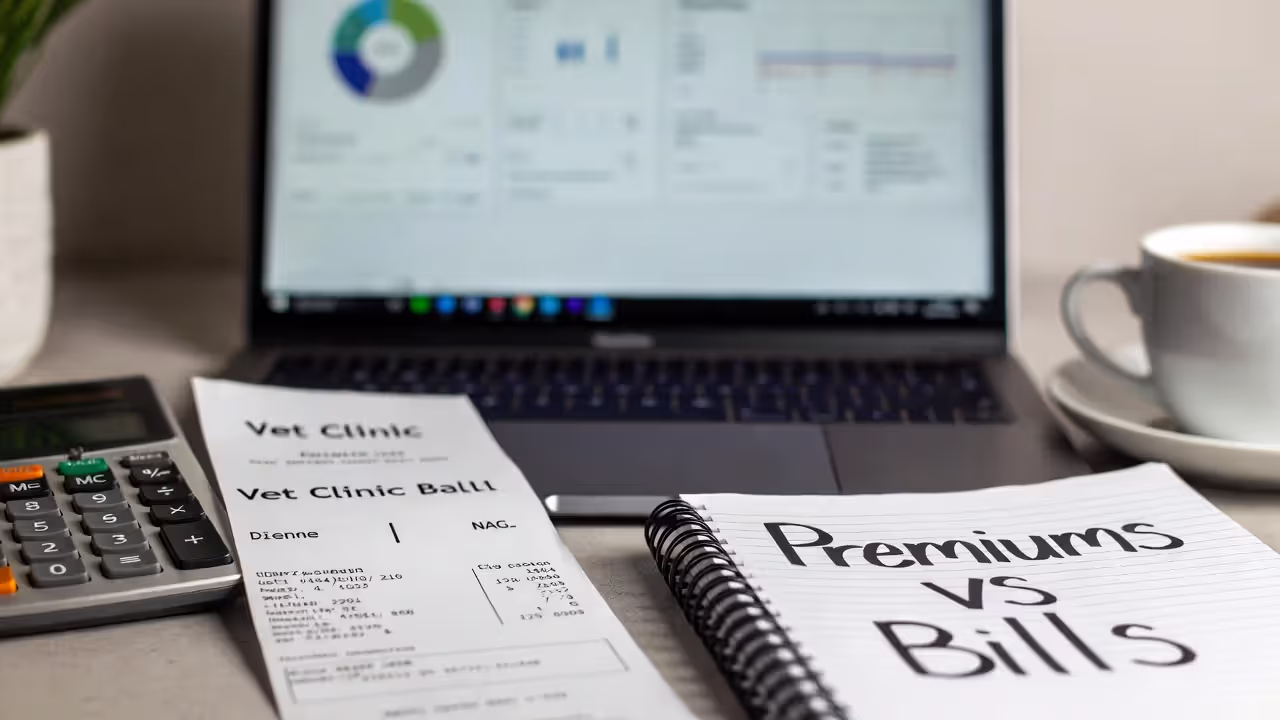 Home desk comparing pet insurance premiums and veterinary bills with calculator and receipts