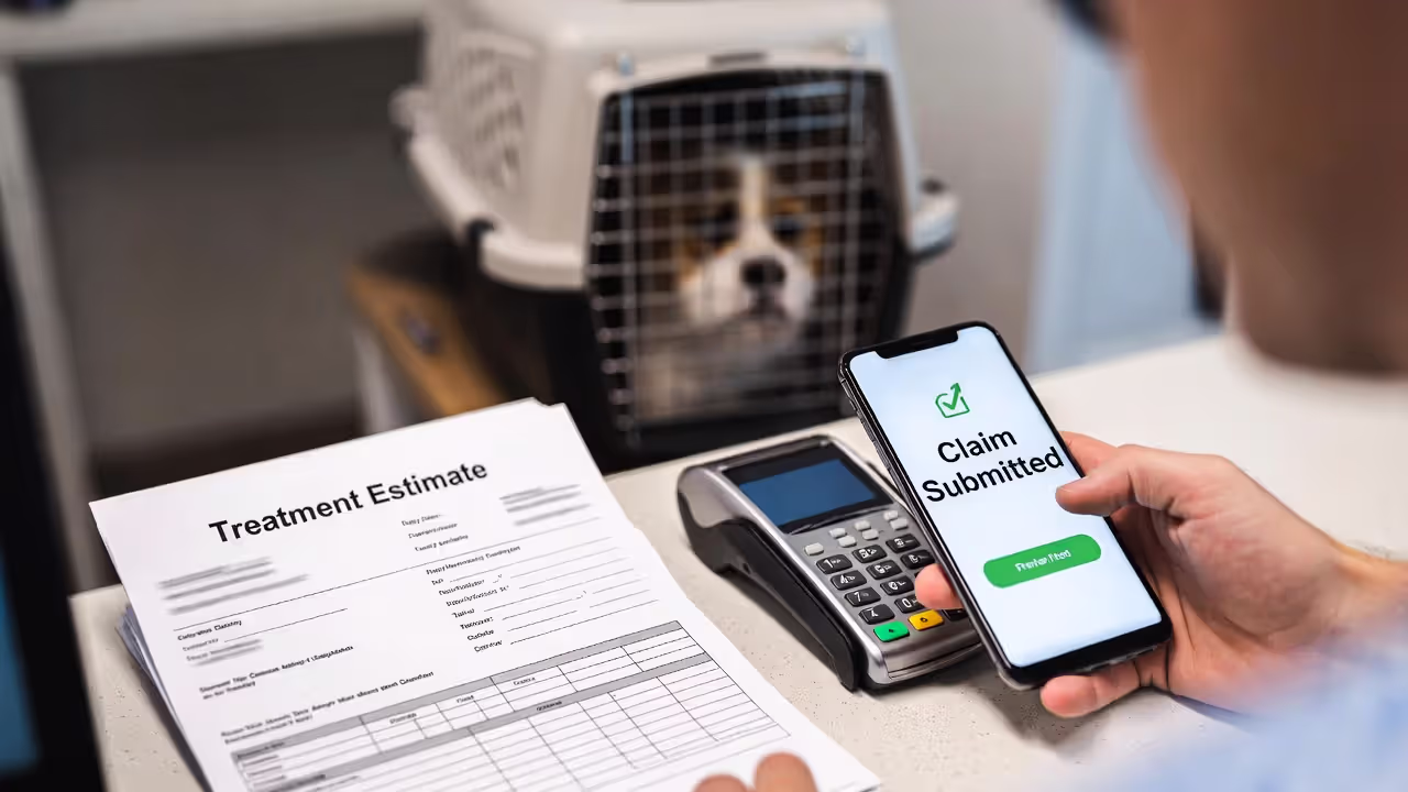 Submitting a pet insurance claim after receiving an emergency treatment estimate at a vet clinic