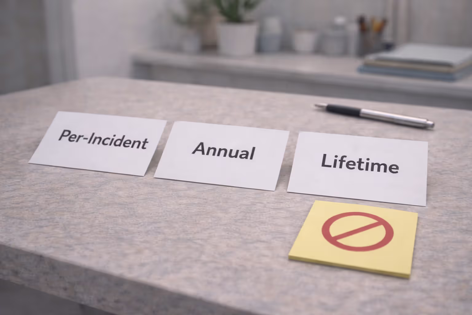 Three pet insurance limit types shown as per-incident, annual, and lifetime labels