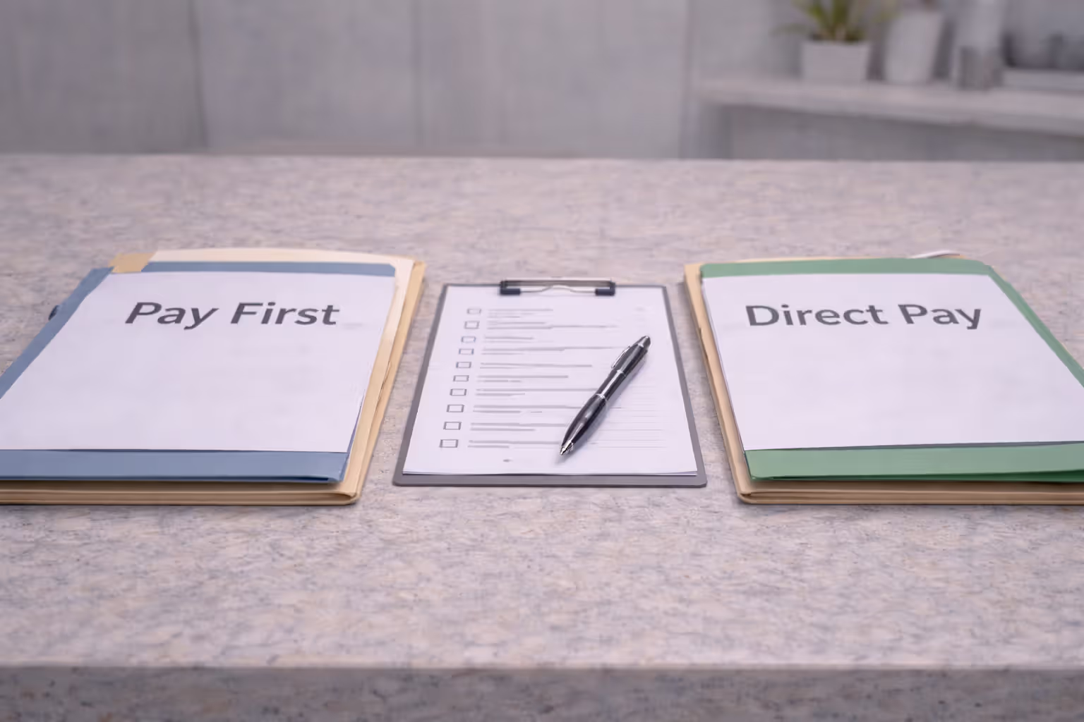 Side-by-side comparison of pay-first reimbursement versus direct pay pet insurance models