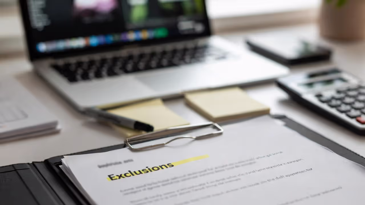 Insurance policy open to an exclusions section with tabs and a highlighter on a desk