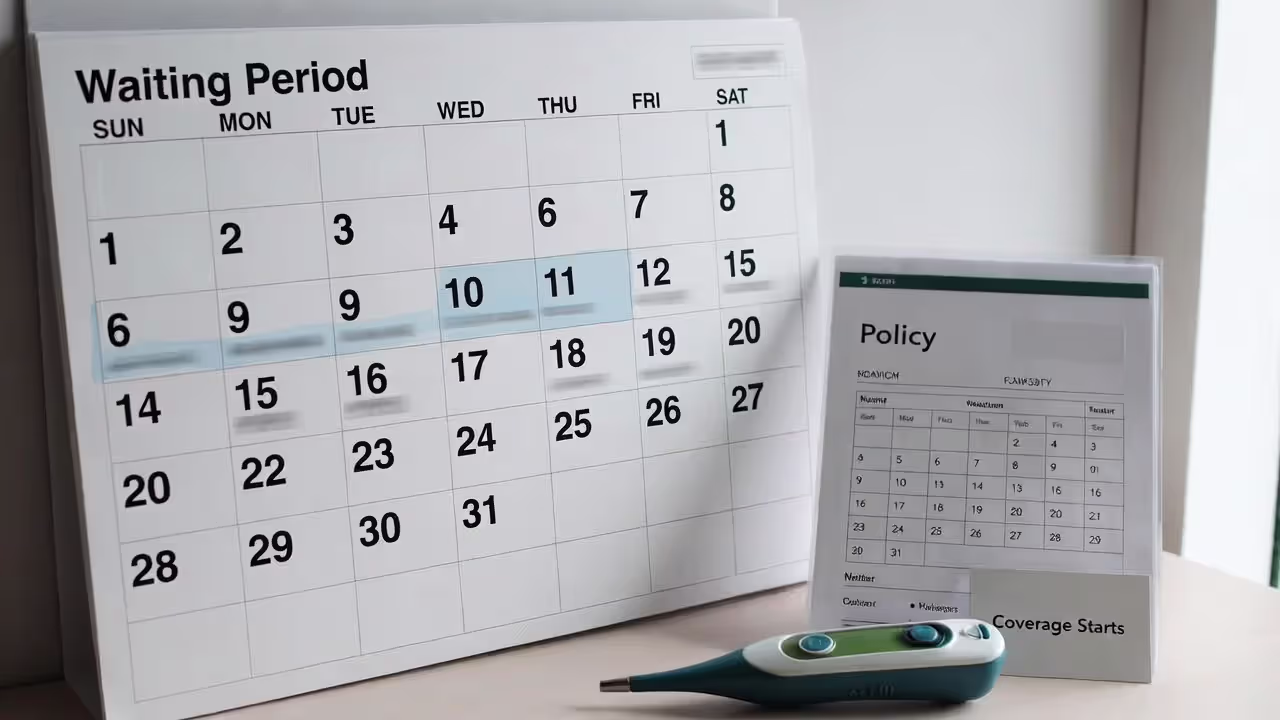 Calendar highlighting a waiting period with a pet insurance policy folder beside it