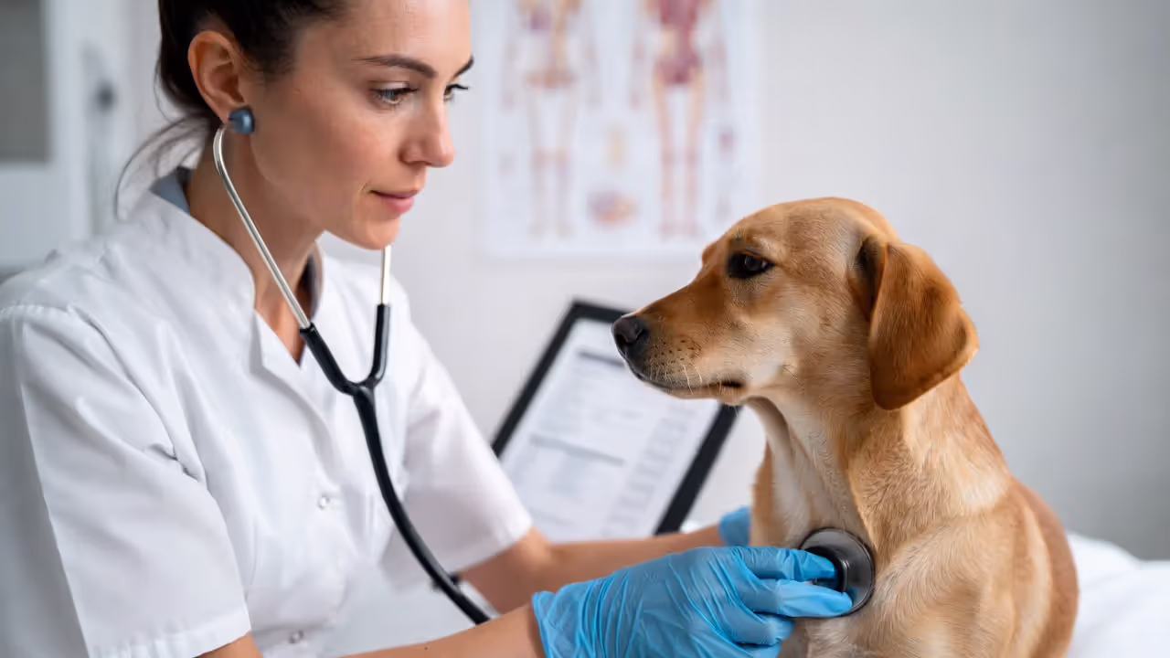 Veterinarian performing a wellness exam to document a pet’s healthy baseline before enrollment