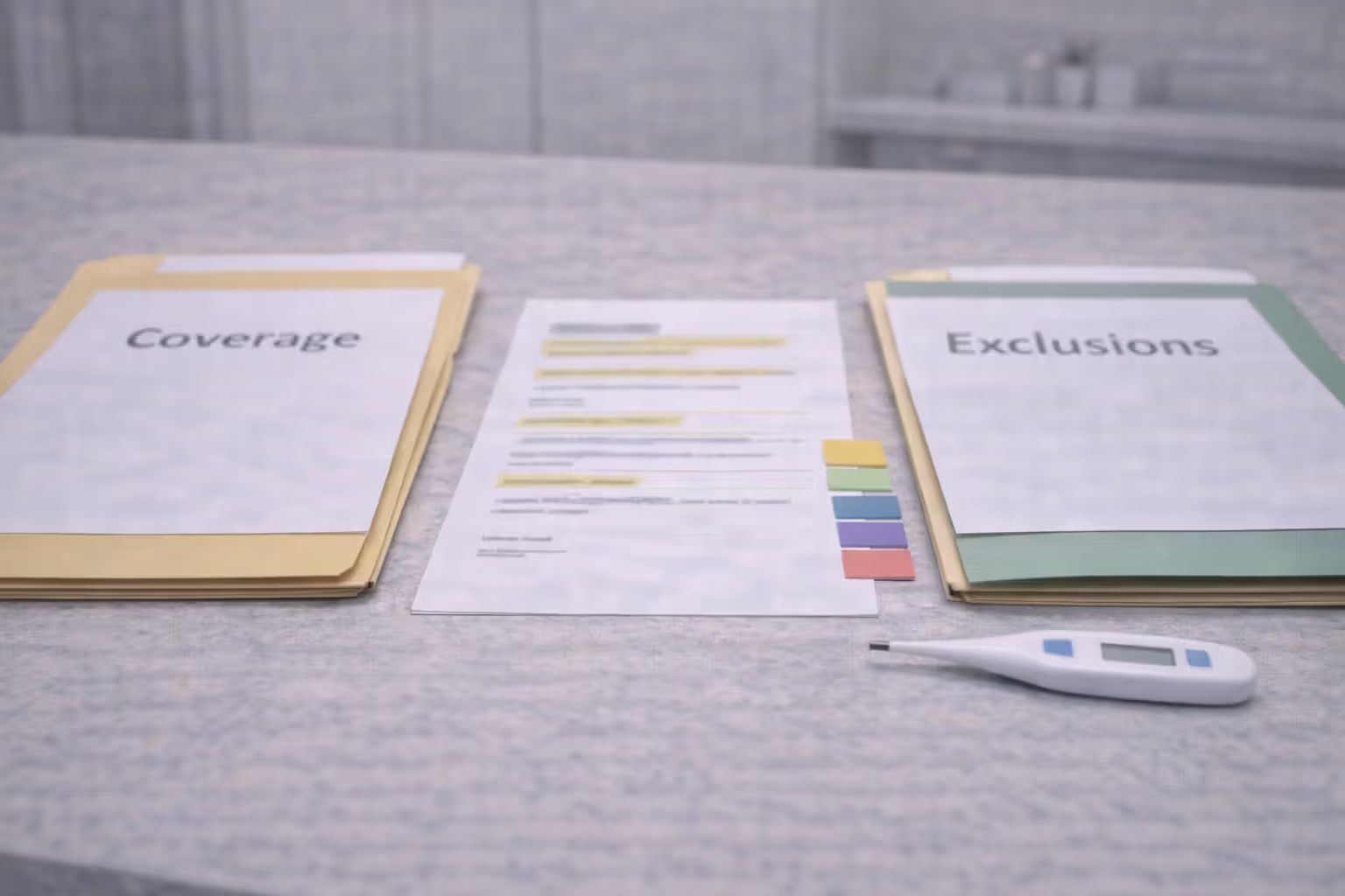Two insurance folders labeled for coverage and exclusions with highlighted pages and tabs