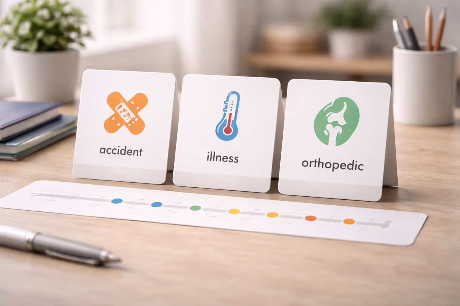 Three categories of pet insurance waiting periods shown with icons for accident, illness, and orthopedic