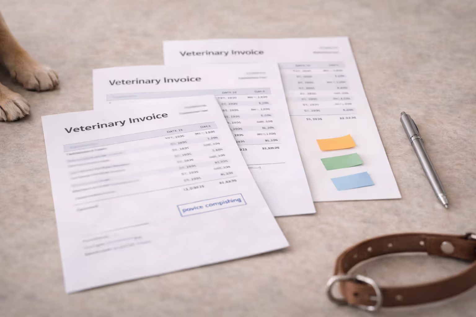 Multiple vet bills arranged together to illustrate several claims in one year