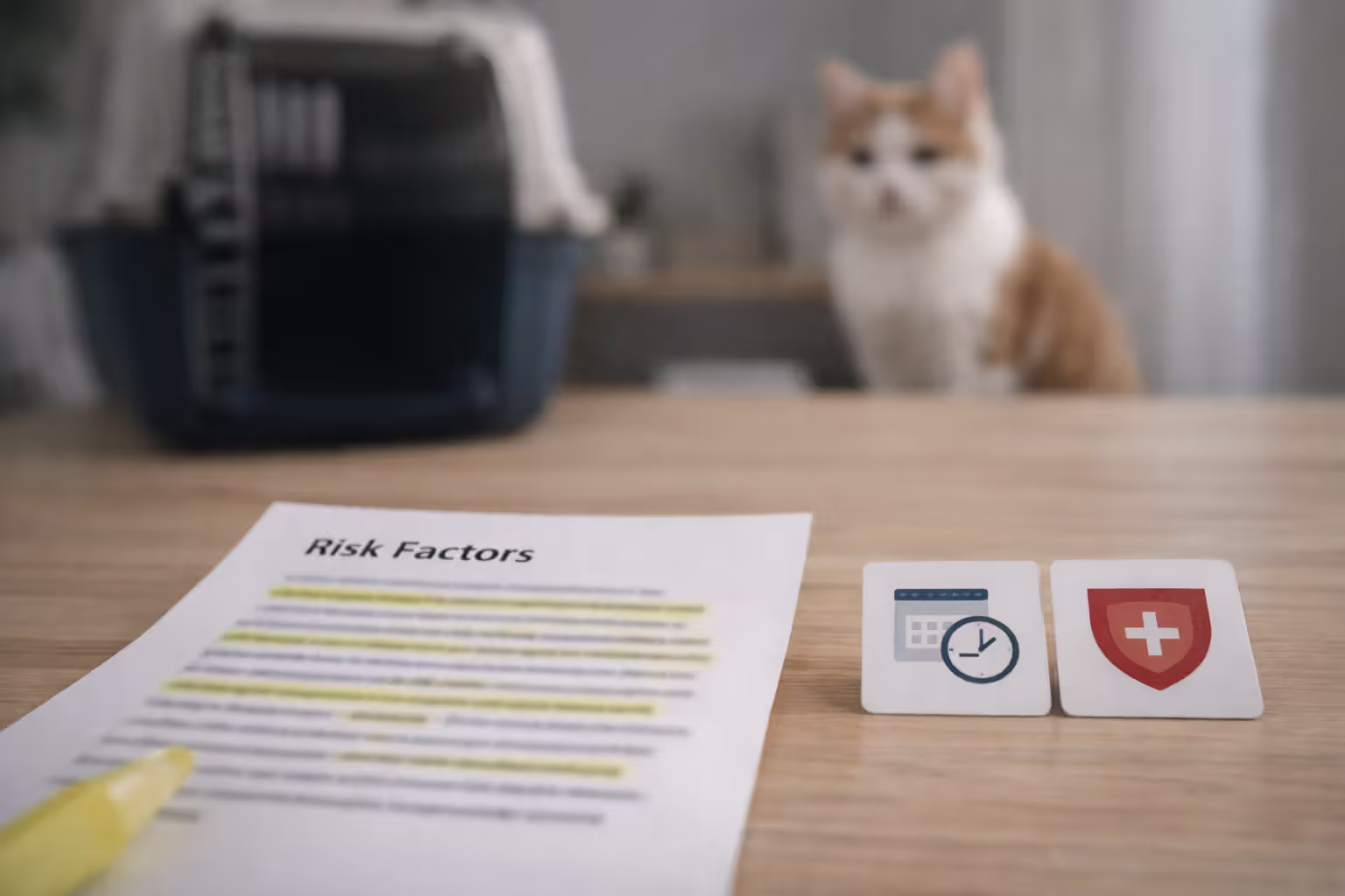 Key factors that influence cat insurance premiums shown with paperwork and icons