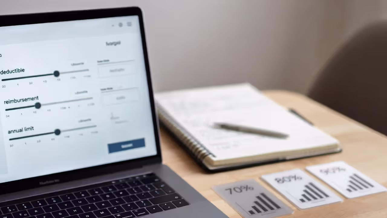 Comparing pet insurance reimbursement levels and deductible settings on a laptop