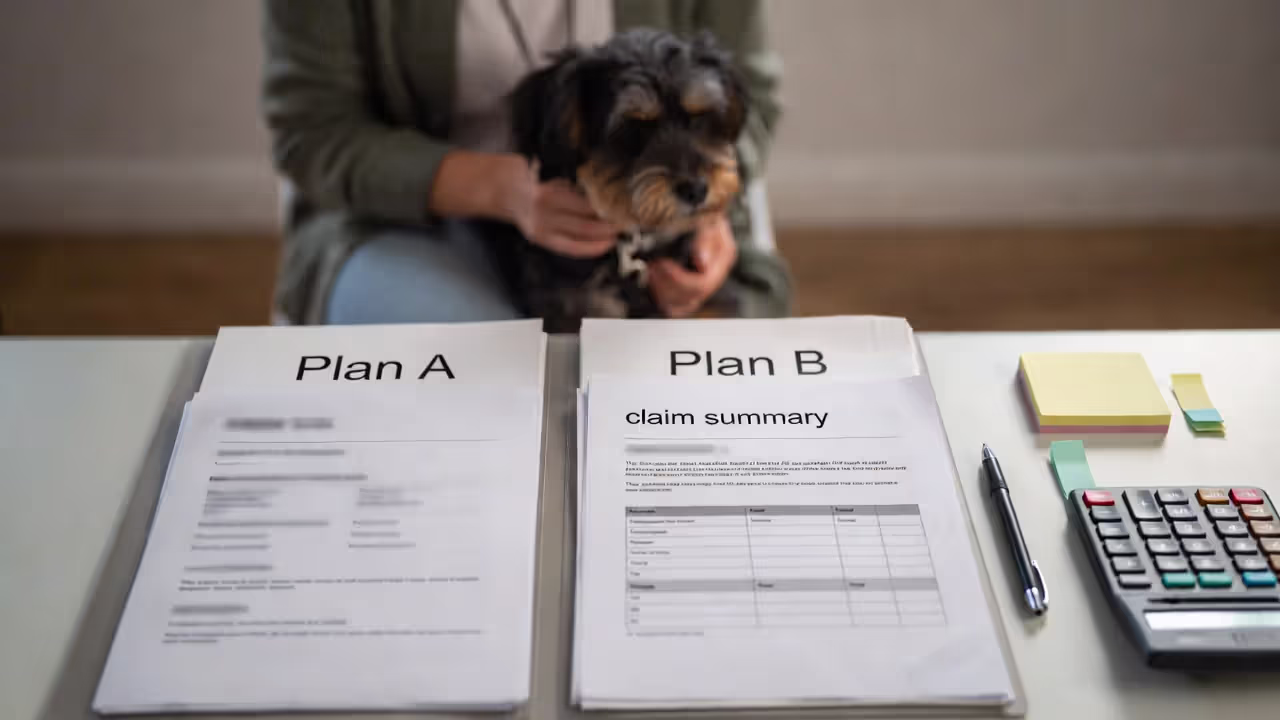 Side-by-side comparison of two pet insurance plans with a claim summary on a desk