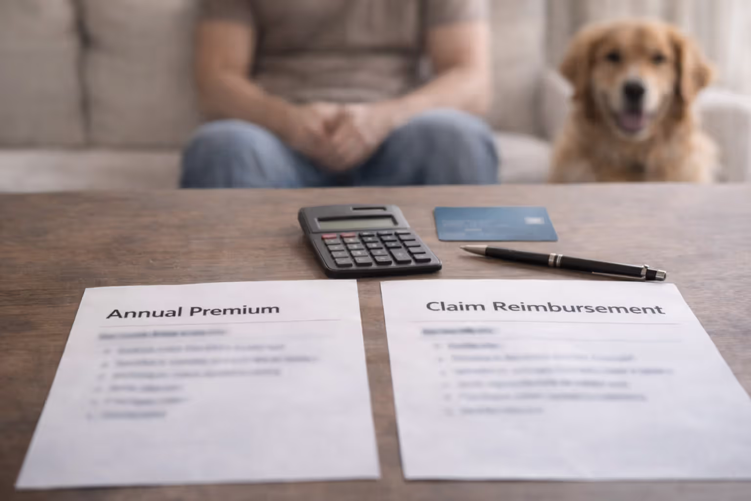 Annual premium versus claim reimbursement paperwork on a desk with calculator