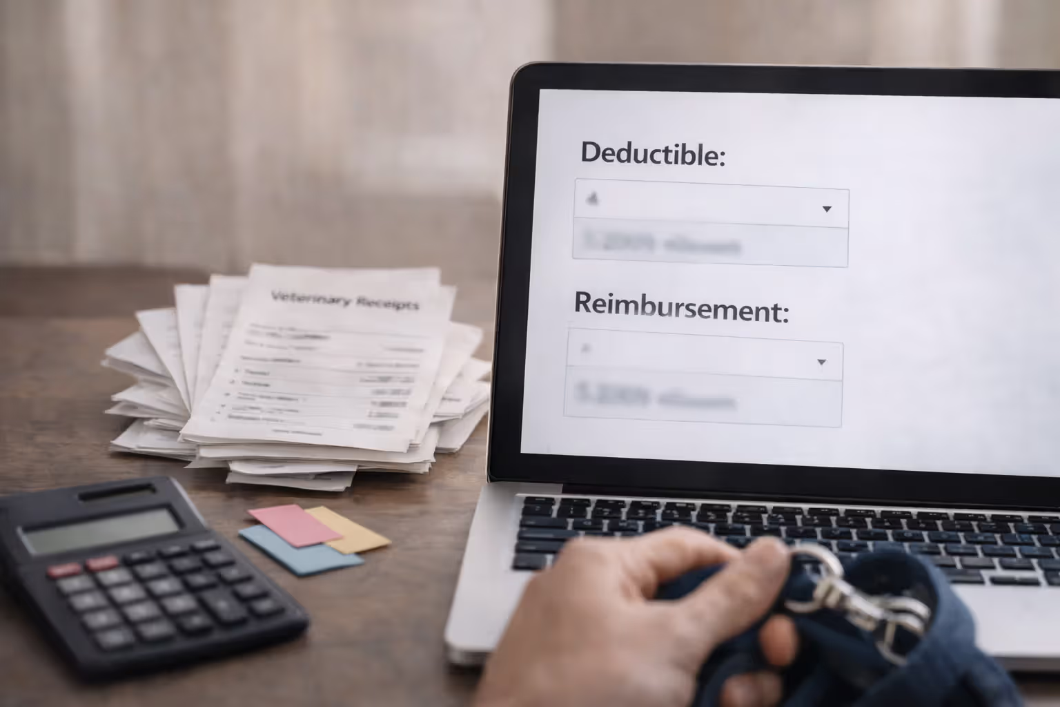 Comparing deductible and reimbursement options on a laptop with vet receipts and a calculator