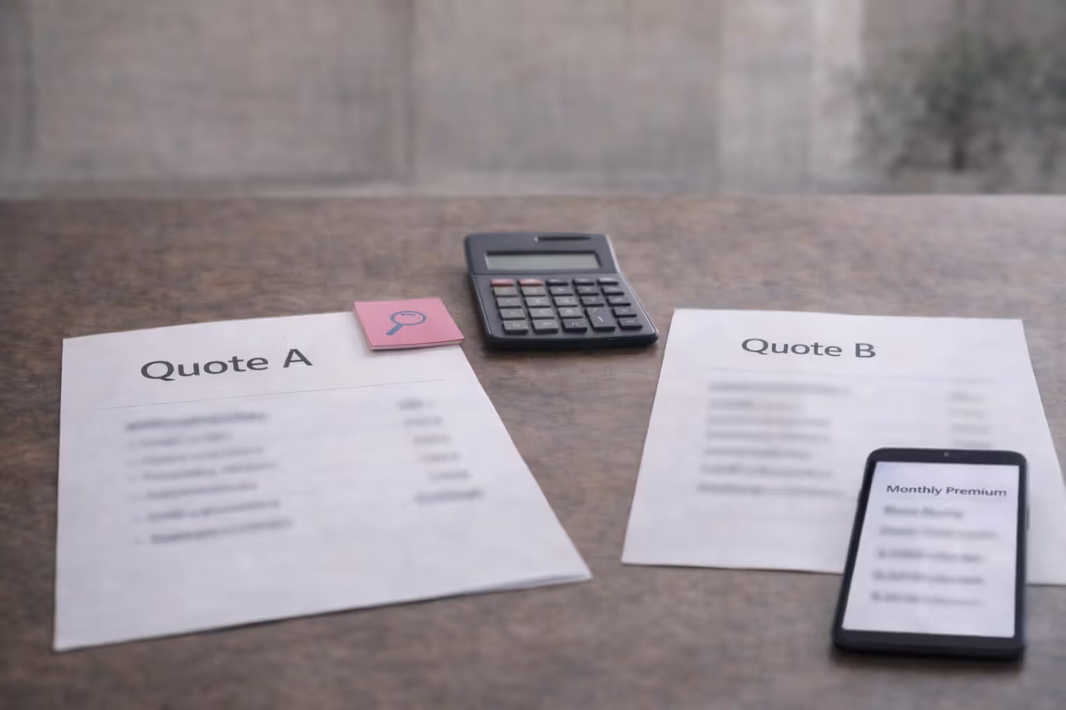 Comparing two insurance quotes with a calculator and a blurred monthly premium screen