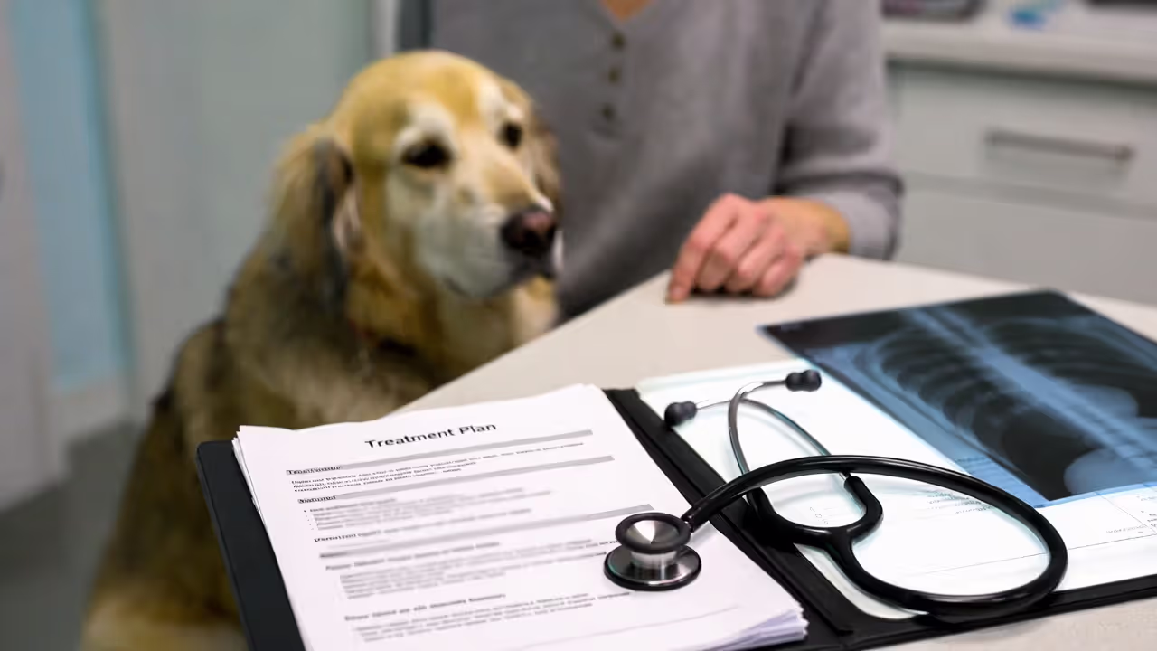 Vet treatment plan paperwork and diagnostic imaging on a clinic desk with a dog beside the owner