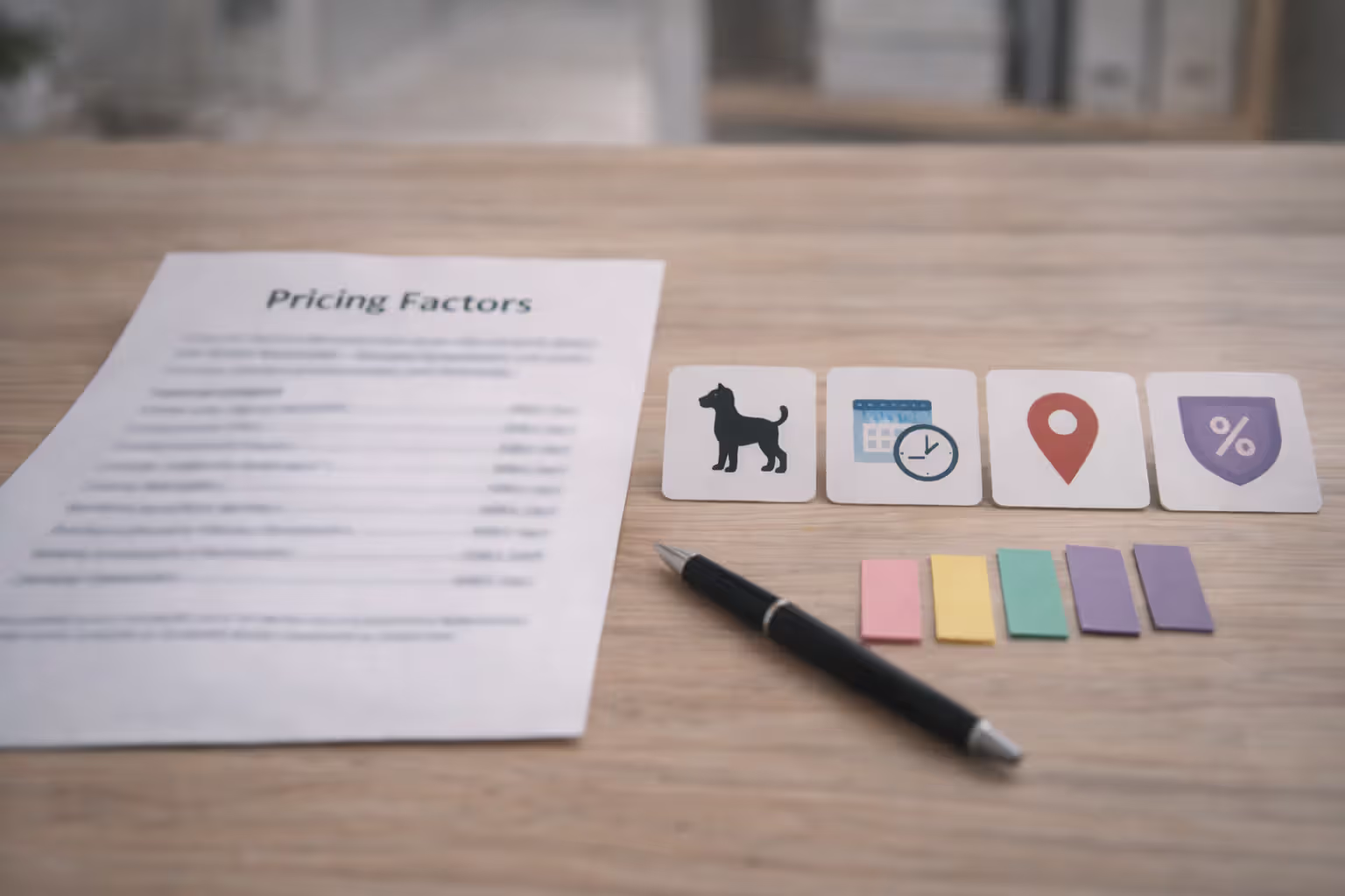 Blurred “pricing factors” sheet with icons for breed, age, location, and reimbursement rate