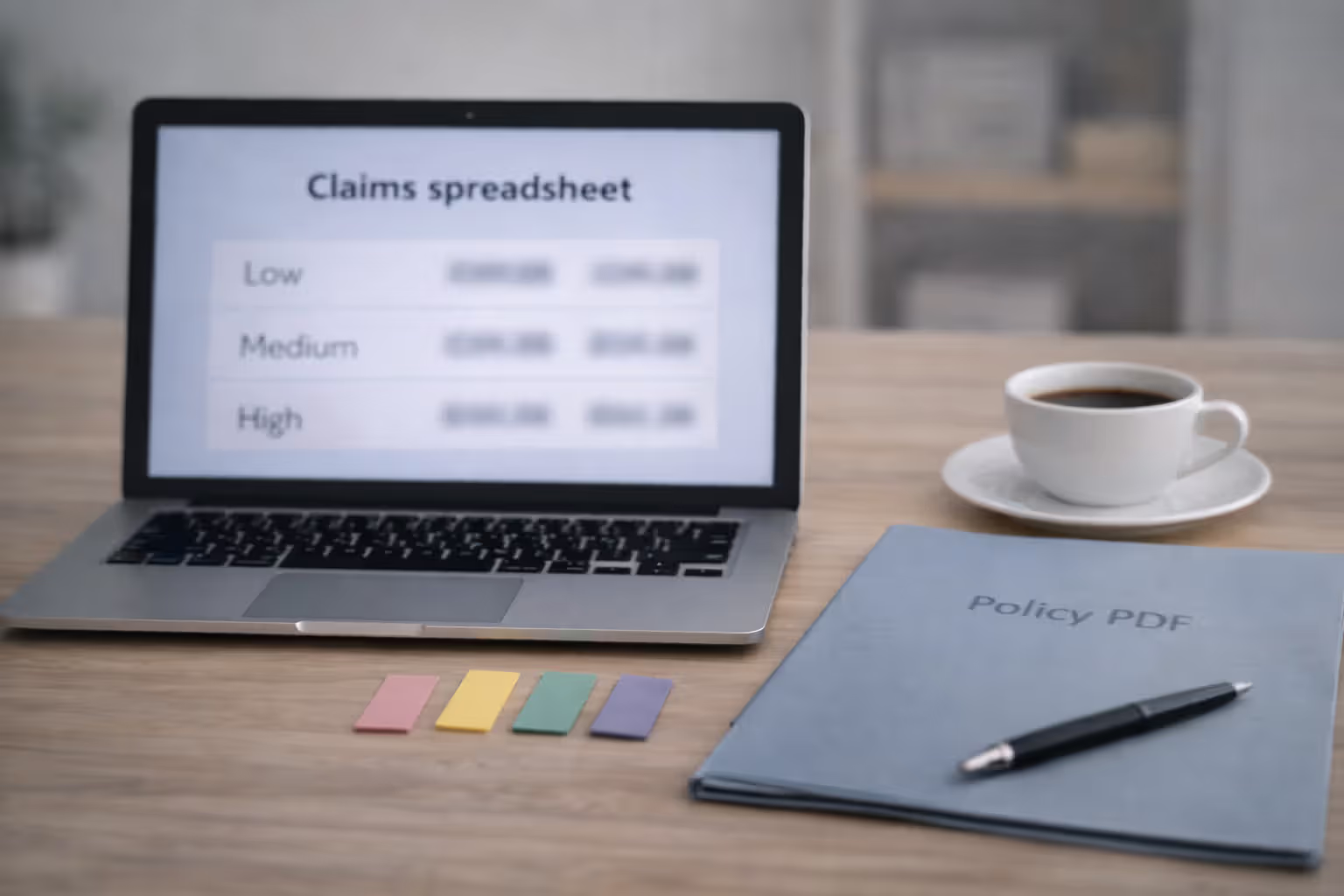Claims scenario spreadsheet on a screen with policy documents and sticky tabs for comparing plans