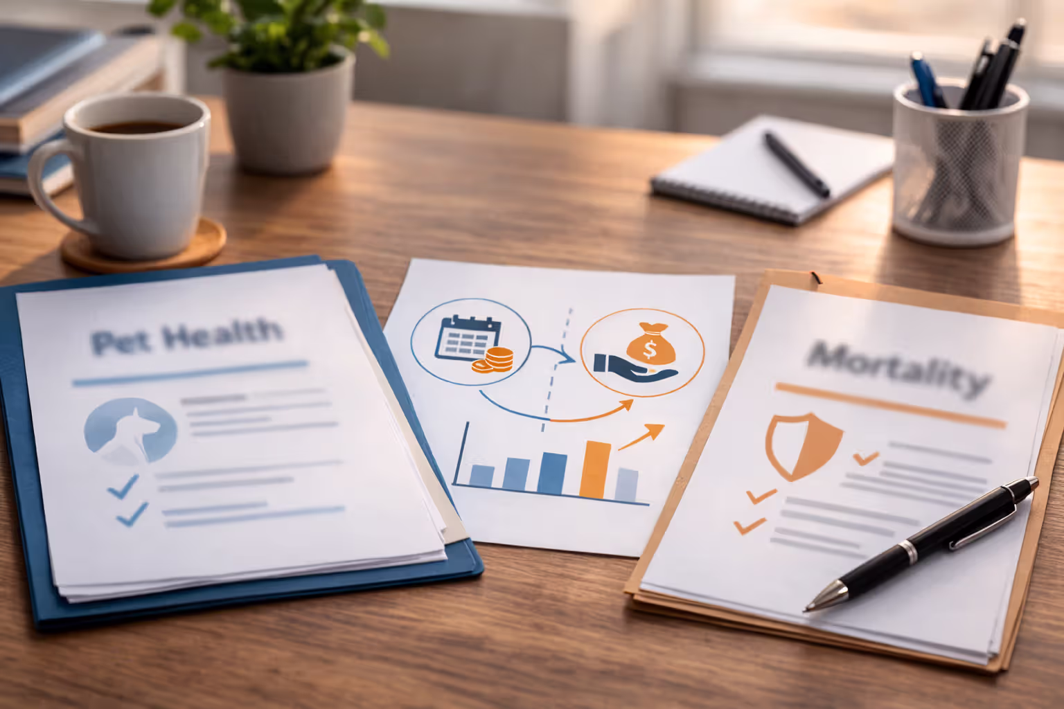 Two blurred folders showing health coverage vs mortality coverage with a simple payout comparison sheet