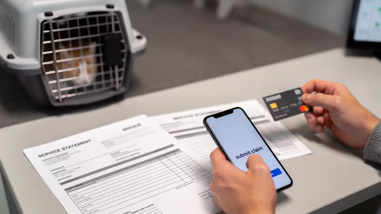 Owner paying a vet bill upfront with a blurred claim submission screen on a phone
