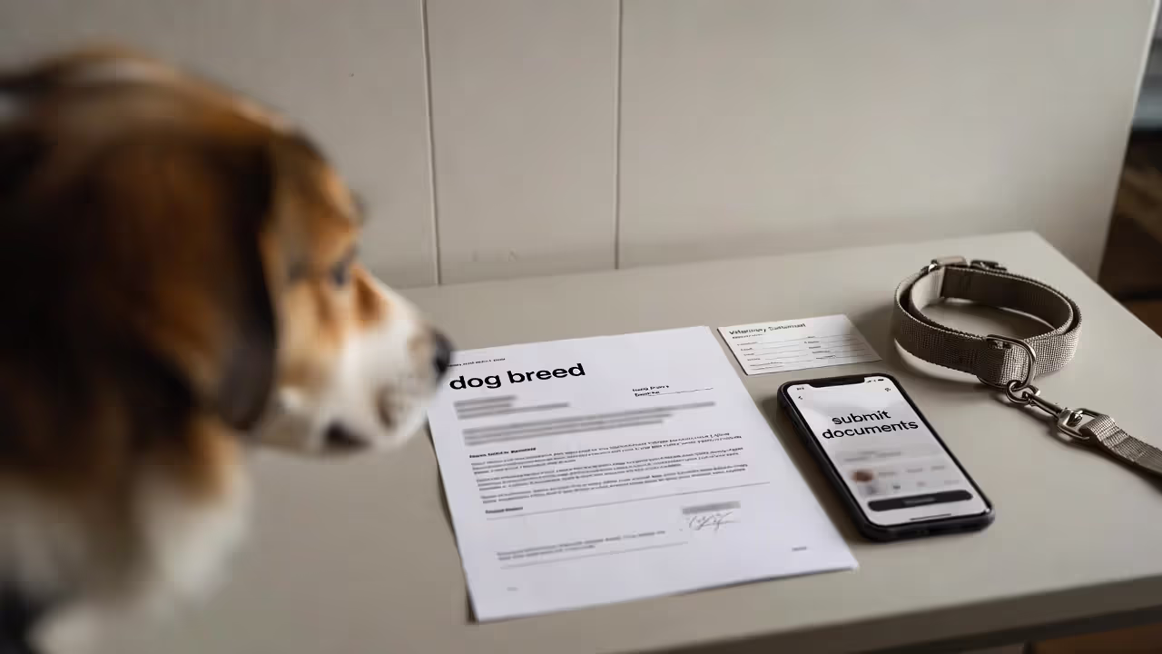 Blurred breed information on a form and vet record with a phone uploading documents and a dog nearby