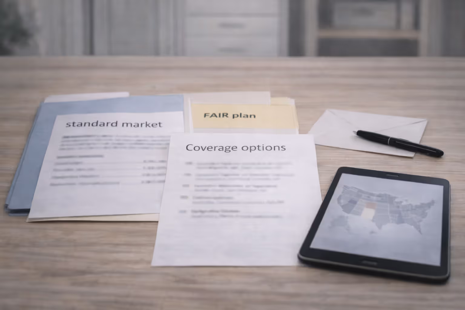 Two folders comparing standard coverage and FAIR plan options with blurred paperwork and a tablet map