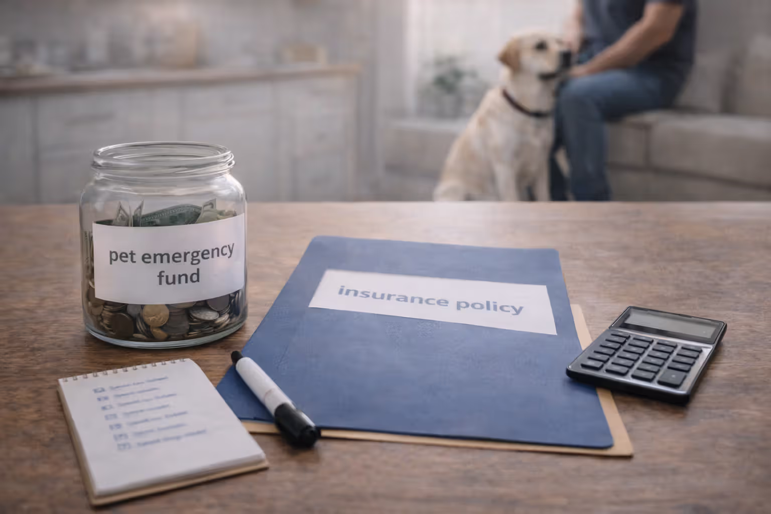Pet emergency savings jar and a blurred insurance policy folder on a table with a dog nearby