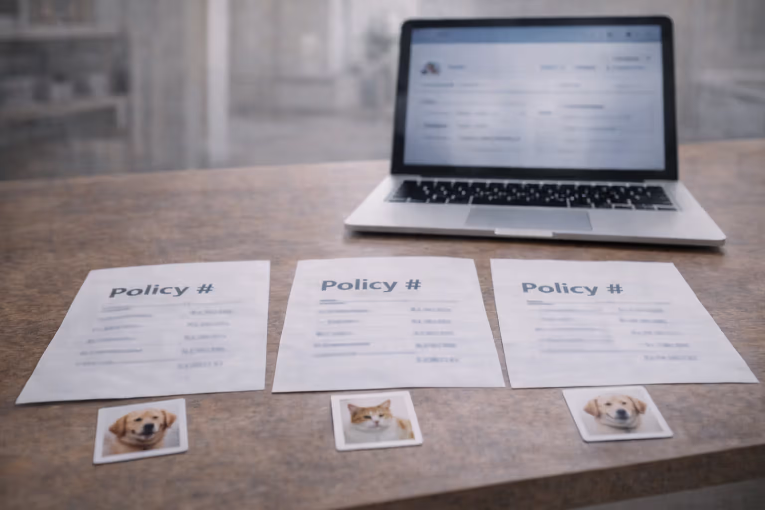 Three separate blurred pet policy documents on a desk with icons for multiple pets